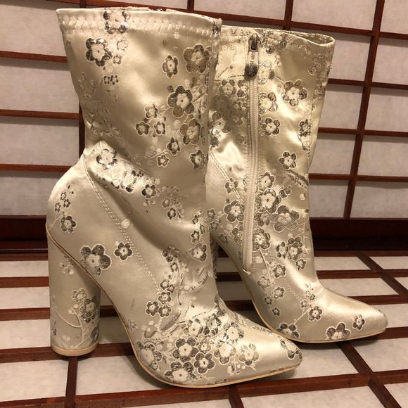 Cape Robbin Shoes - SEXY SATINY SILVER ROUNDED HEEL MID CALF BOOTS